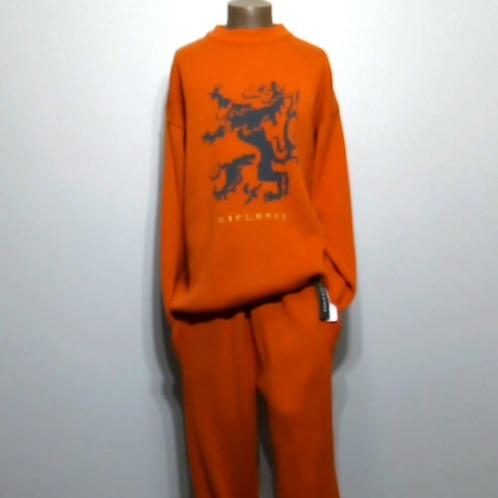 Stylish 2pc Orange Sweater Set w/ Graphic Lion Design & Embroidery by Riflessi